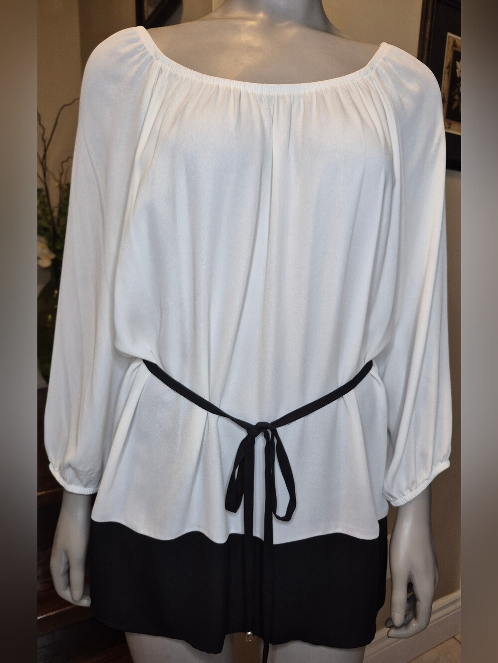 AB Studio White Blouse with Black Waist Tie and Hem